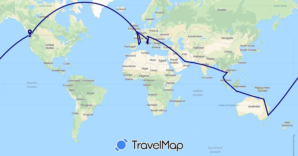 TravelMap itinerary: driving in United Arab Emirates, Austria, Australia, Canada, Germany, Spain, France, United Kingdom, Indonesia, Italy, Cambodia, Malaysia, Thailand (Asia, Europe, North America, Oceania)